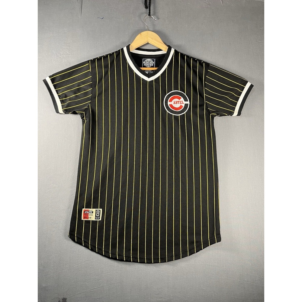 Bleecker and Mercer Cartel Jersey Men's Size Medium Black Gold White Pinstripe